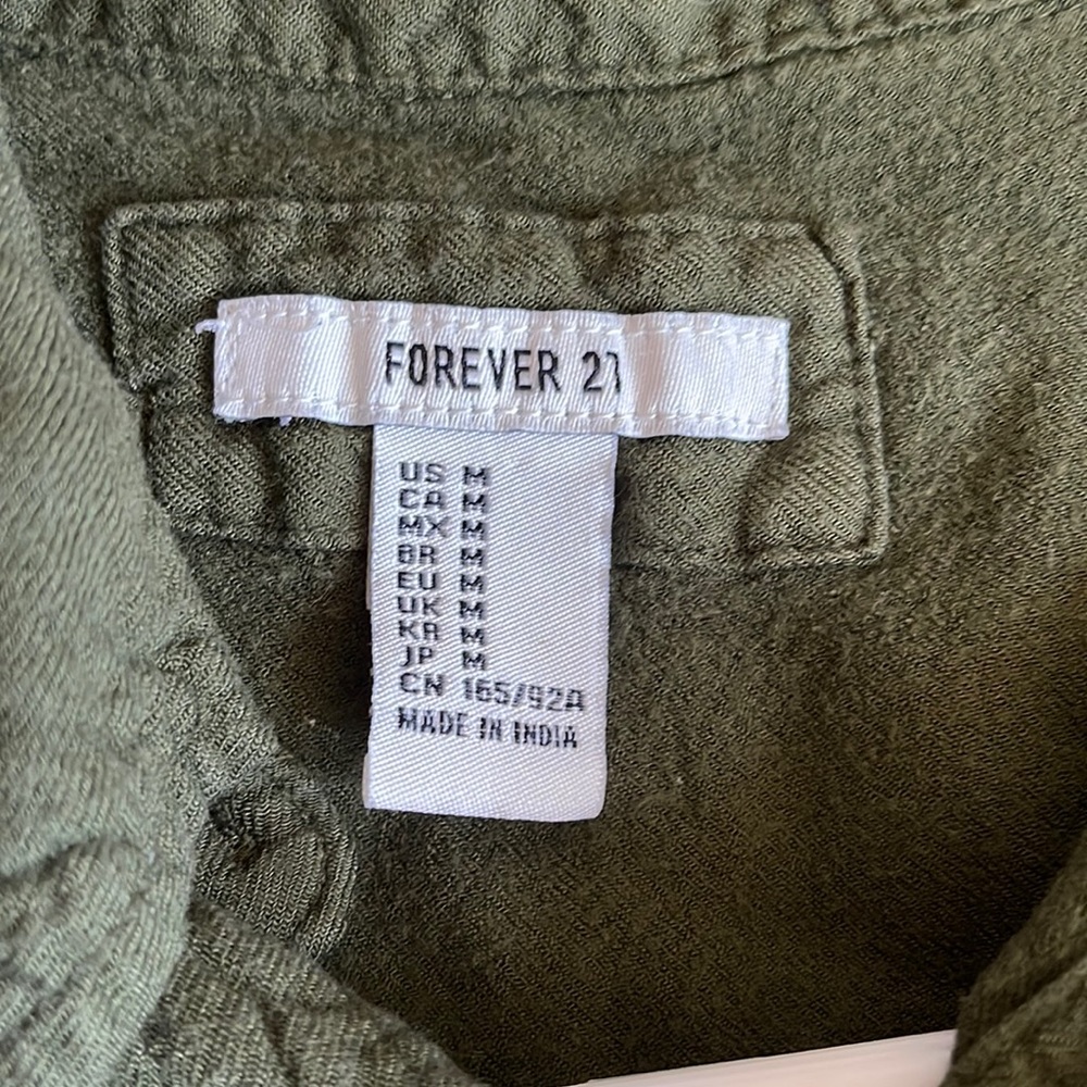 Forever 21 olive green, long sleeve button-up shirt.